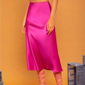 Hot Pink Satin A-Line High Waisted Long Skirt